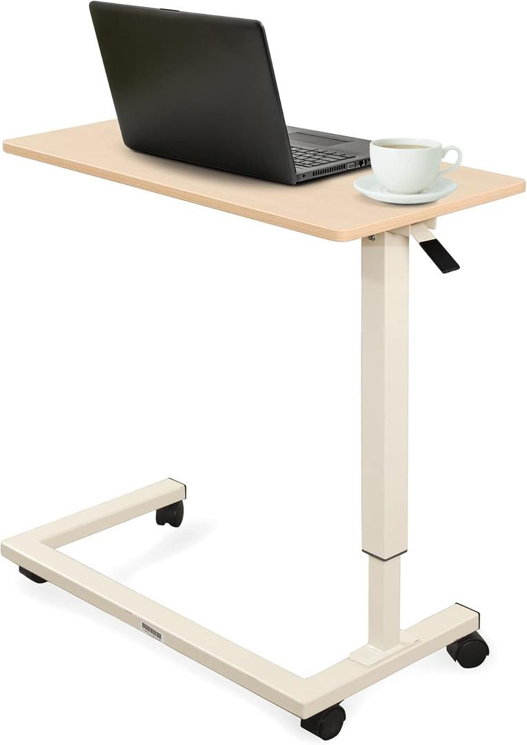 Medacure Hospital Bed Table, Light Oak - Overbed Table with Wheels & Adjustable Height - Food, Laptop and Reading Overbed Desk - 50lb Capacity Over The Bed Table