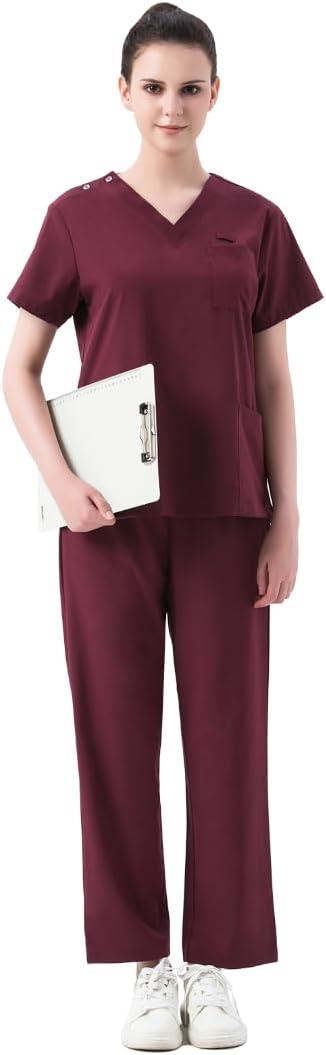 Leaddol Scrubs for Women Set VNeck Scrub Top & Cargo Pants Nursing Medical Uniform Stretch Workwear with Multi Pockets for Athletic Yoga Burgundy 2XL