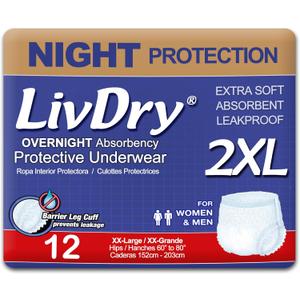 LivDry 2XL Overnight Adult Diapers for Women and Men, XXL Incontinence Underwear, 60-80" Waist, Disposable Pull-On Briefs, 12 Pack