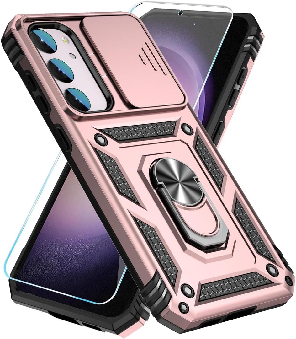 SunStory Phone Case for Samsung Galaxy S23 Case with HD Screen Protector & Slide Camera Cover & Rotated Ring Kickstand, [Military-Grade] [2 In 1] Phone Case for Galaxy S23 6.1'', Rosegold