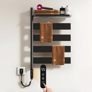 Swivel Heated Towel Rack, Wall Mounted Electric Towel Warmer Rack, 4 Square Bars Towel Dryer with Tray, Towel Heater with LED Timer and Temperature Control for Home, Bathroom (G69-Matte Black)
