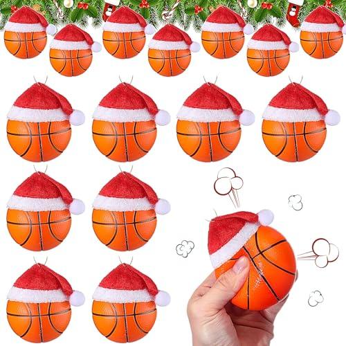 Leyndo 12 Pcs Sport Balls Christmas Ornaments Bulk Basketball Football Ornaments with Removable Santa Hat for Christmas Tree Decorations Xmas Tree Hanging for Party Gift Filler (Basketball)