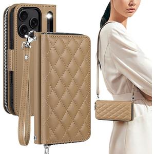 OCASE for iPhone 17 Pro Max Crossbody Wallet Case - Stylish PU Leather Handbag Phone Purse with Zipper Closure, Card Slots & RFID Blocking - Wrist Strap, Lanyard, Kickstand - Diamond Check Khaki