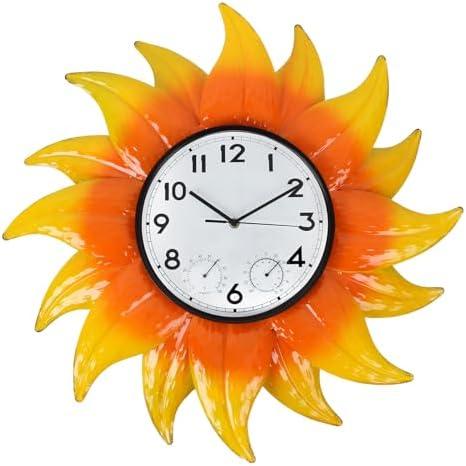 dreamskip Outdoor Clock with Thermometer and Hygrometer Combo, 24.4 Inch Sunflowers Outdoor Wall Clock Waterproof, Silent No-Ticking Outdoor Clocks for Patio, Living Room, Kitchen, Garden