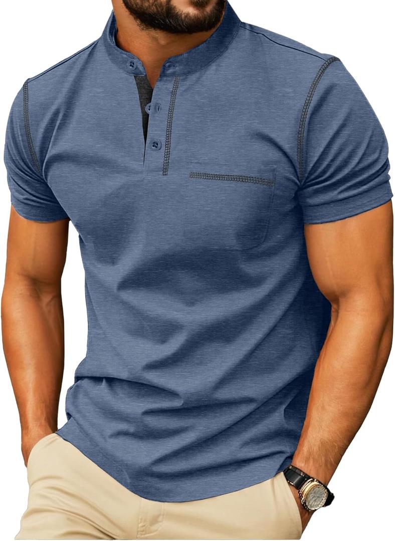 Sailwind Mens Henley Shirts Short Sleeve Summer Casual Classic Cotton T Shirts Pocket Button Shirt (Blue, L)
