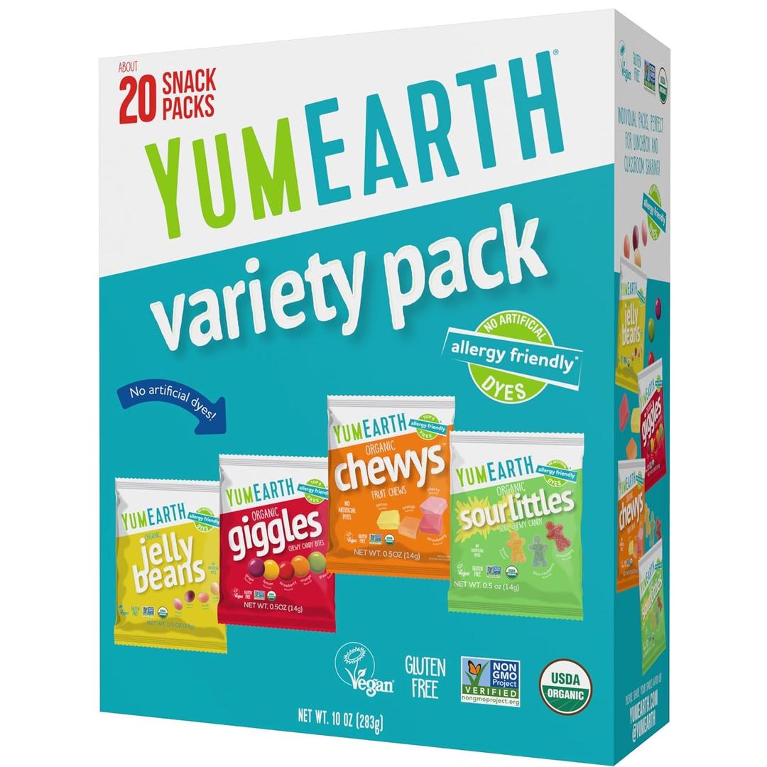 YumEarth Organic Variety Box - Jelly Beans, Giggles, Chewys, Sour Littles - Allergy Friendly (Top 9 Free), No Artificial Dyes, Non GMO, Gluten Free, Vegan -Individually Wrapped (Pack of 20) (EXP 03/05/28)