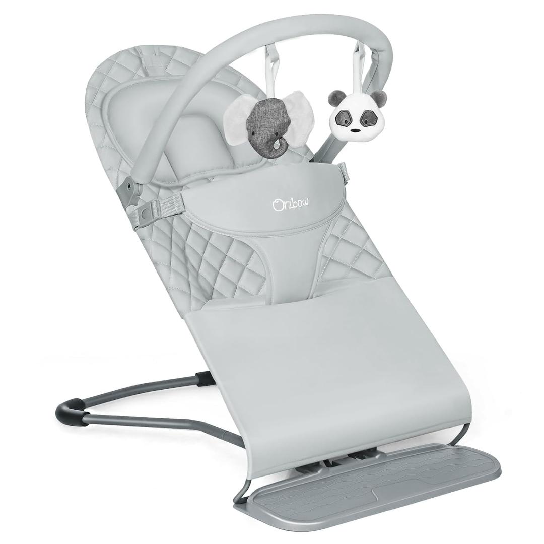 Orzbow Portable Baby Bouncer, Foldable Baby Bouncer Seat with Storage Bag and Removable Play Bar, 3 Recline Positions, 0-12 Months Up to 20lbs, Ergonomic Design, Easy to Wash, Gray