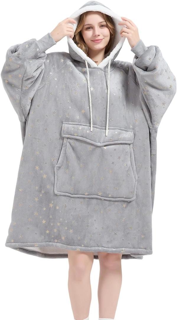 Qeils Wearable Blanket Hoodie for Women, Comfy Sherpa Sweatshirt Blanket as Birthday Christmas Gifts, Oversized Pullover Jacket Blanket Hoodie for Adult (Silver Foil Star, Adult)