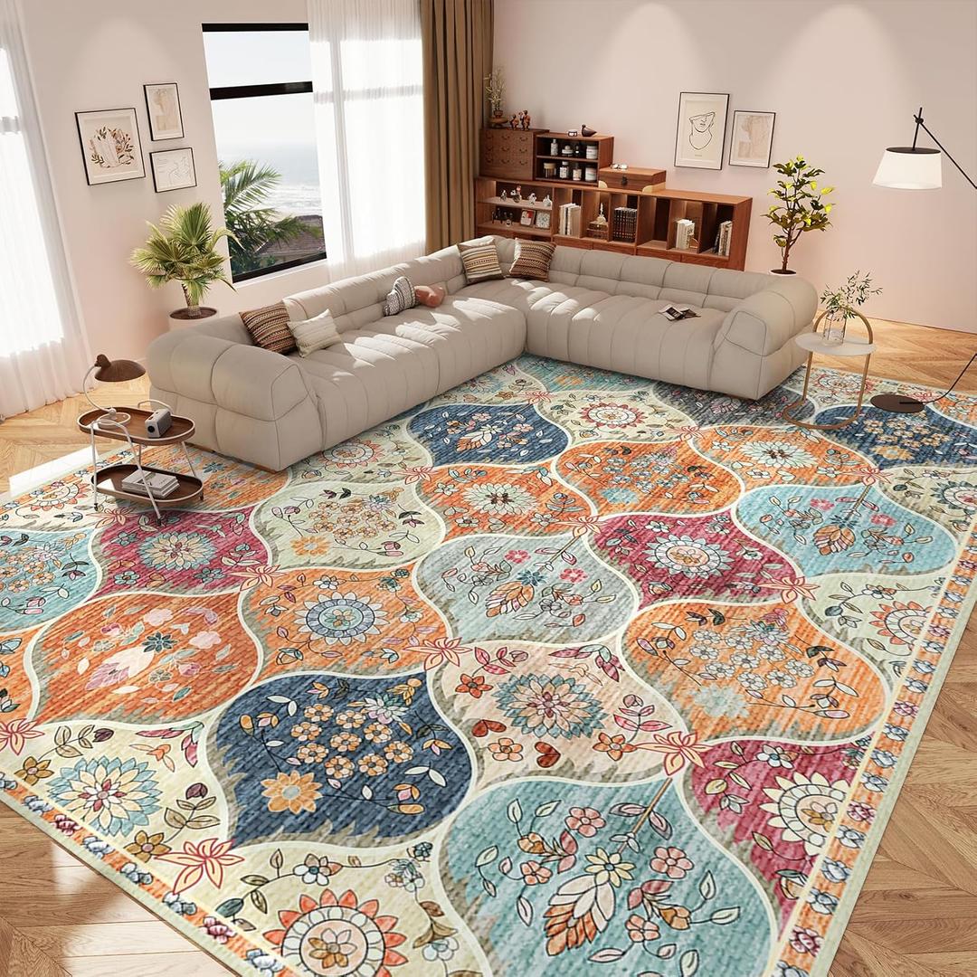Vintage Washable Rug 9x12 - Machine Washable Floral Area Rugs with Non Slip Backing for Living Room Bedroom Dining Room Stain Resistant, Home Office Decor, Soft Low-Pile Carpet, Orange