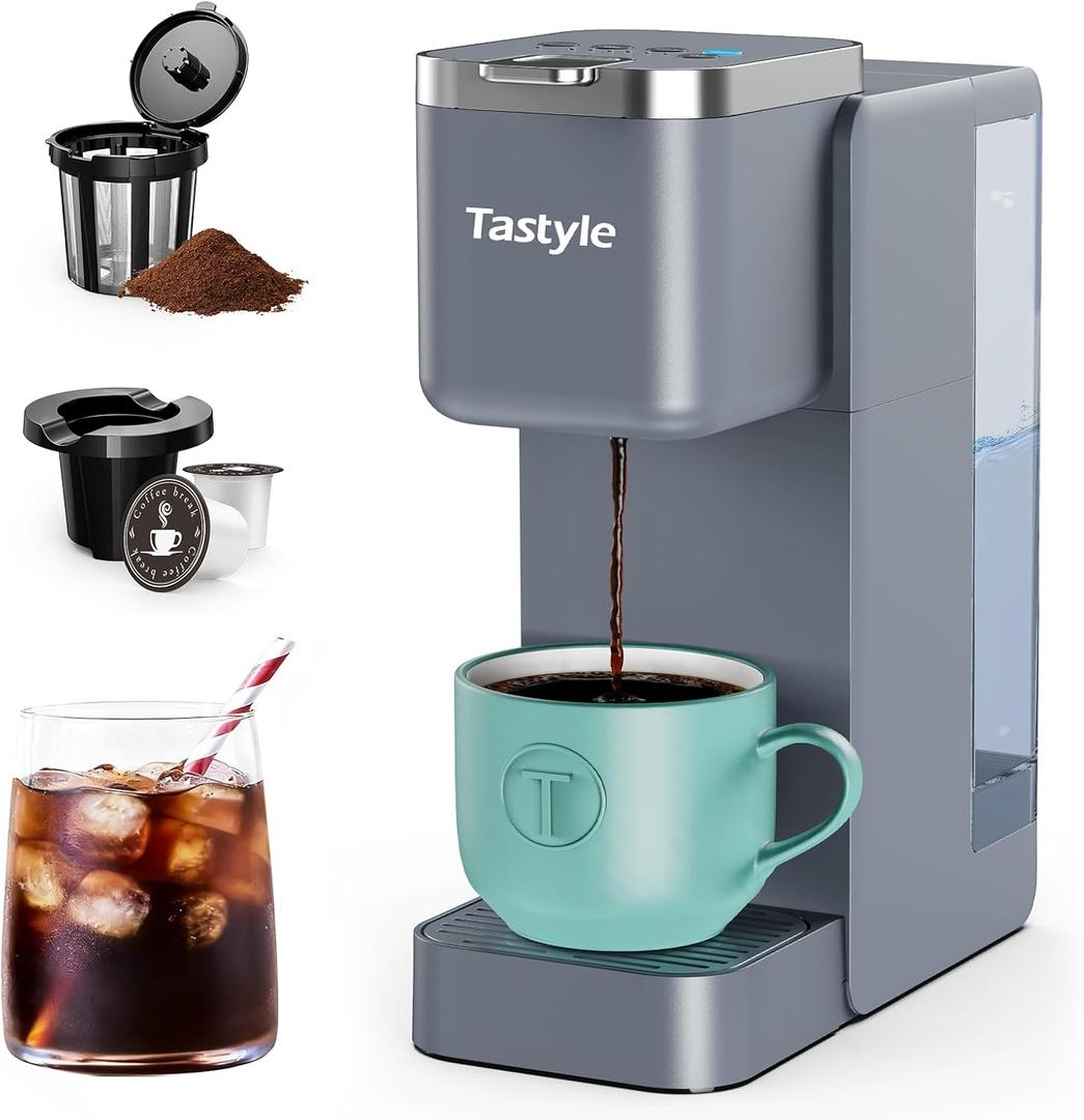 Tastyle Single Serve Coffee Maker, Iced and Hot Coffee Machine for K Cup & Grounds, Compact Design, 40oz Removable Water Reservoir, 6 to 24 Oz Brew Sizes, Fits 7.3" Travel Mug, Gray