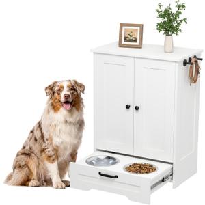 Dog Feeding Station with Storage Cabinet, White Wood Dog Cabinet with 2 Elevated Stainless Steel Bowls, Hidden Pull-Out Feeder Drawer, Pet Feeding Station for Kitchen and Living Room