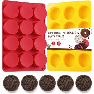 2PCS Silicone Cookie Chocolate Molds, Vituer 12-Cavity Round Silicone Baking Mold for Oreo, Candy, Chocolate, Cookie, Mini Cake and Jelly, Dishwasher Safe (Red+ Orange)