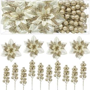 Alupssuc 24 Pieces Christmas Tree Decorations, 12 PCS Champagne Gold Poinsettia Flowers Artificial and 12 PCS Christmas Tree Picks for Christmas Decorations Party Wreath Fireplace, Champagne Gold