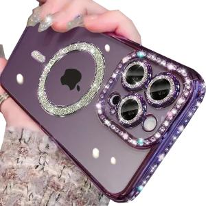 Changjia Magnetic Clear Glitter Case for iPhone 16 Pro Max,[Compatible with MagSafe] Cute Bling Sparkly Diamond with Camera Protector Soft TPU Bumper Women Girls Case for iPhone 16 Pro Max 6.9",Purple