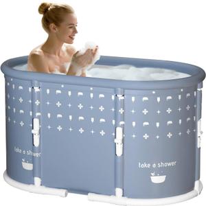 Portable Bathtub, Foldable Bathtub No Installation, Freestanding Shower Bathtubs with Cushion, Collapsible SPA Soaking Bath Tub, Hot & Ice Bath Tub for Indoor Outdoor (Light Blue Gray)