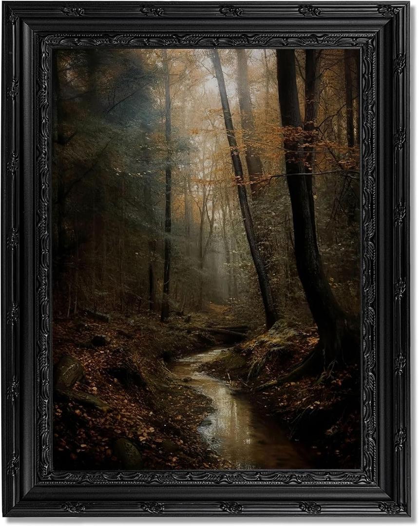 Dark Moody Forest Stream Framed Wall Art, Moody Aesthetic Landscape Canvas Print with Ornate Black Carved Frame, Witchy Gothic Dark Academia Decor for Bedroom, Living Room & Halloween, 24"L x 16"W