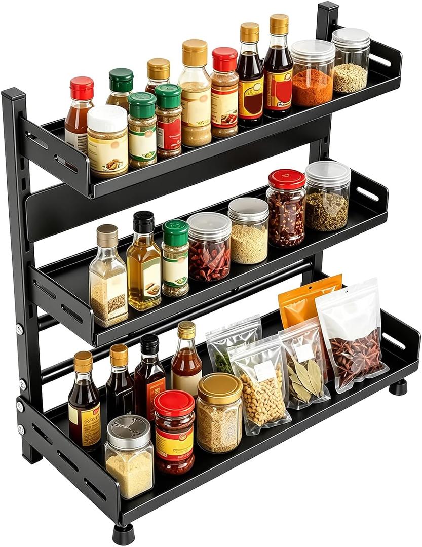 Black 3-Tier Kitchen Countertop Spice Rack Organizer, Height Adjustable Shelf, Carbon Steel Metal Standing Seasoning Storage, 15.75 x 6.3 x 21.26 in for Jars, Bottles, Cans