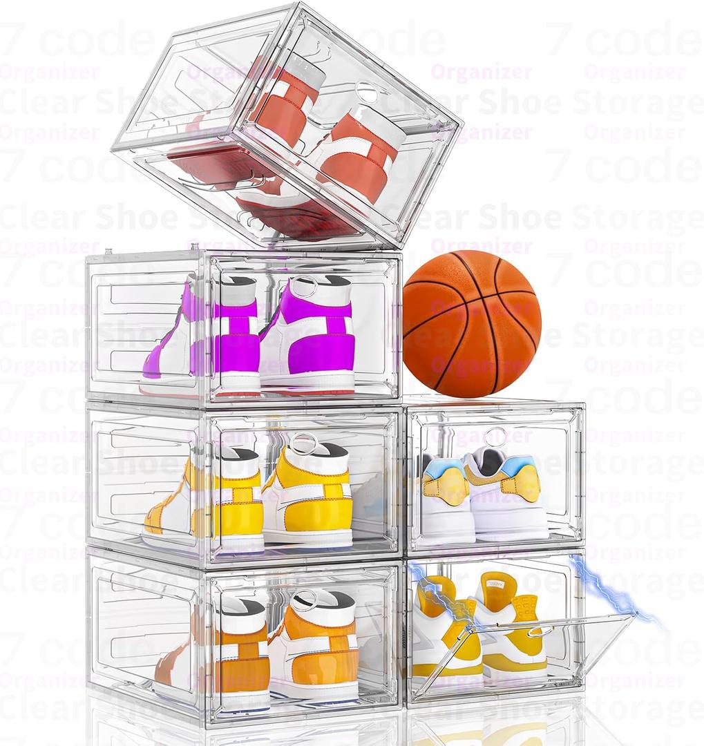 Thickened Clear Shoe Storage Organizer with Magnetic Door, Sturdy Stackable Shoe Boxes for Closet, Collapsible Space-Saving Shoe Rack for Sneakers & Boots, Plastic Shoe Cabinet Box Set, 6 Pack, White