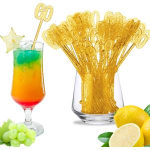 100 Pcs 60th Birthday Drink Stirrers Gold Glitter Cocktail Stirrers Plastic Swizzle Sticks 7.5 Inch Birthday Cupcake Toppers Drink Sticks Bulk for Coffee Bar Cake Pops Party Favor