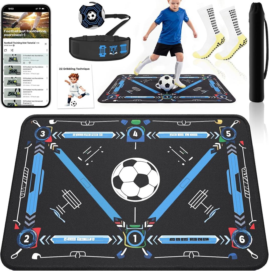 2F22E Soccer Training Mat for Kids & Youth, Non-Slip Silent Footwork Training Equipment with Soccer Bounce Trainer & Socks, Ball Mastery Skills Mat with Instructional Video for Indoor Practice