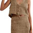 Saodimallsu Womens Crochet Swim Cover Up 2 Piece V Neck Sleeveless Front Tie Crop Tops Beach Mini Skirt Coverup Set (Brown)