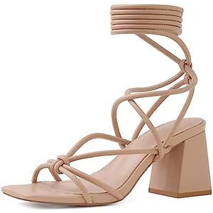 Shoe'N Tale Lace Up Heels for Women Ankle Strappy Gladiator High Heeled Sandals Chunky Block Heel Square Open Toe Criss Cross Dress Shoes Size 8