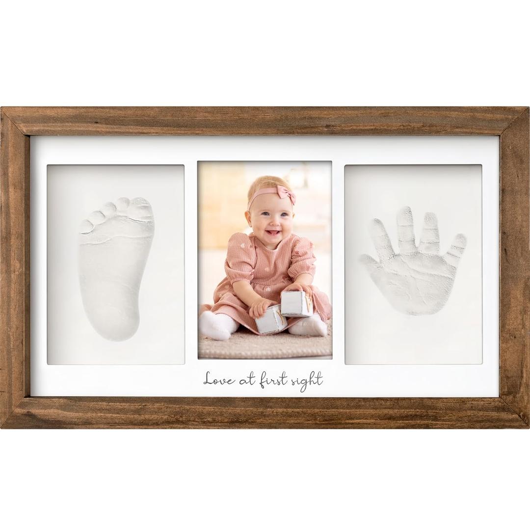 Baby Hand and Footprint Kit - Clay Handprint Keepsake Frame, Newborn Nursery Picture Frame, Personalized New Mom Gifts for Baby First Christmas Shower (Medium Oak) (Duo Frame, 13" x 7.8")