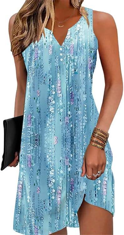 V-Neck Floral Printed Summer A-Line Elegant Dresses Womens Vintage Sleeveless Beach Sundress Ladies Casual Loose Boho Dress, Size Large 