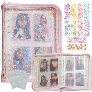 Kpop Photocard Binder with 6 Stickers Sheet & 50 Shinning Protective Card Sleeves Kpop Photocard Holder Book, A5 Binder Photocard Album 25 Inner Pages with 200 Pockets 6 Ring (Pink)