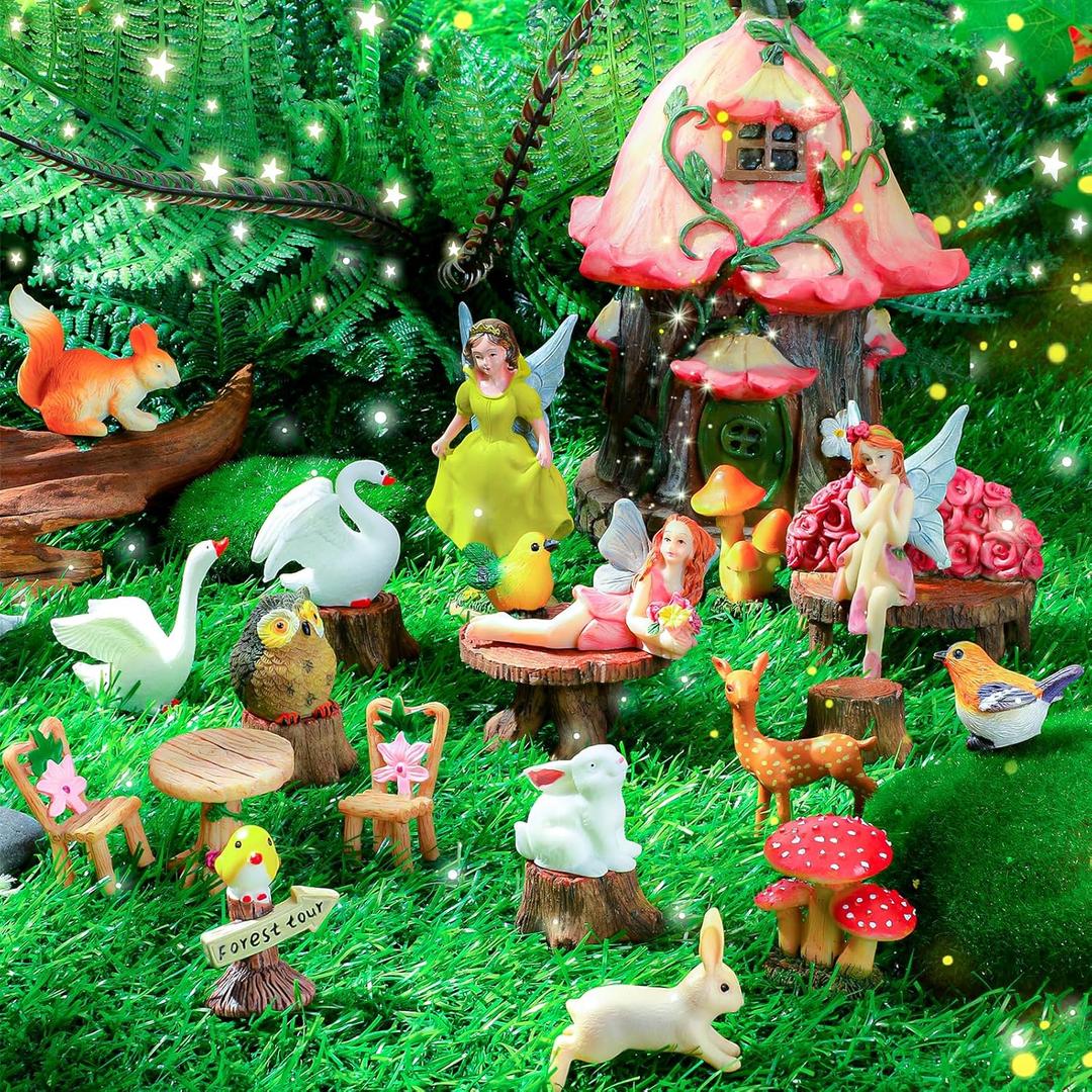 Soaoo 25 Pcs Fairy House Garden Figurines Kit Spring Garden Decor Easter Basket Decoration Spring Decoration Outdoor Wildflower Butterfly Fairy Mushroom Party Supplies Micro Landscape Ornaments
