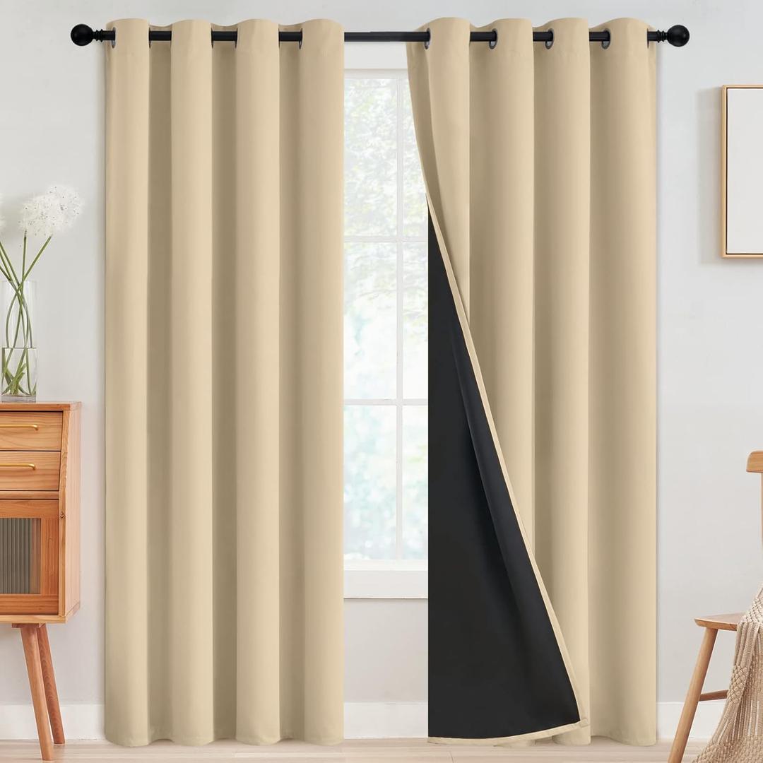 4 Pcs 100% Blackout Curtains for Bedroom,Thermal Insulated Grommet Window Drapes Room Darkening Beige Curtains for Living Room with Black Back,  7ft long 3ft Wide