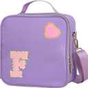 Insulated Nylon Lunch Box for Girls, Kids, and Women-Stylish Purple Preppy Large Lunch Bag with Adjustable Strap and Chenille Letter 'F', Tote for School, Travel, and Picnics-Ideal Preppy Stuff Choice
