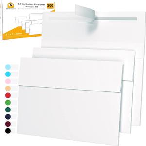 200 Pack 5x7 White Invitation Envelopes - For 5x7 Cards - A7 - (5  x 7  inches) - Perfect for Weddings, Graduation, Baby Shower - 120 GSM - Peel, Press & Self Seal - Square Flap