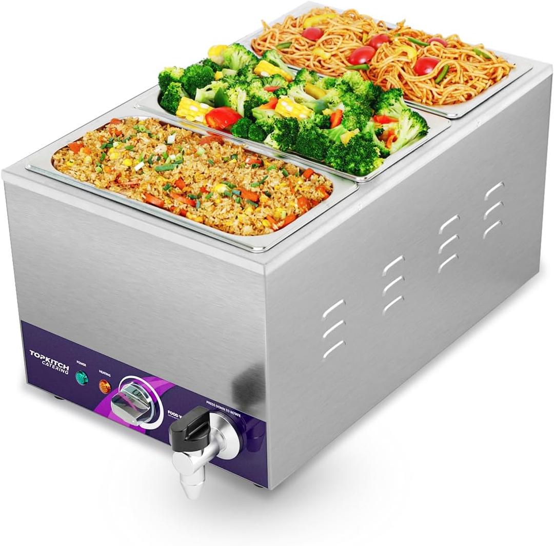 TOPKITCH ETL Listed 3-Pan Commercial Food Warmer with Non-Leakage Stretch-Forming Water Tank &3 of 1/3 Size GN Pan,Countertop Soup Station Bain Marie with Drain Tap for Buffet,Parties and Restaurants
