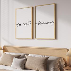 Framed Sweet Dreams Wall Art for Bedroom Decor, Set of 2 Minimalist Quote Canvas Prints, Modern Black and White Typography Artwork for Nursery Guest Room Bedroom Hallway Walls Decor, 16x24 Inch, 16" W x 24" H x 2Pcs