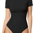 Women's Short Sleeve Thong Bodysuits Crew Neck Stretchy Body Suits Basic Outfit T Shirts Summer Tops 2026 (Black, M)