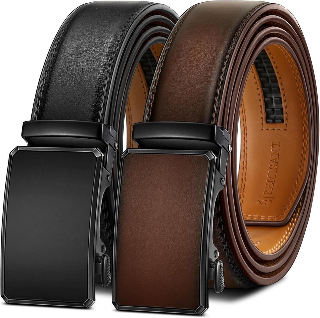 KEMISANT Men Belt 2 Pack, Leather Ratchet Belt Easy Click Slide For Men 1 3/8",Cut for Fit(Black/Deep Brown, 42"-48" Waist Adjustable)