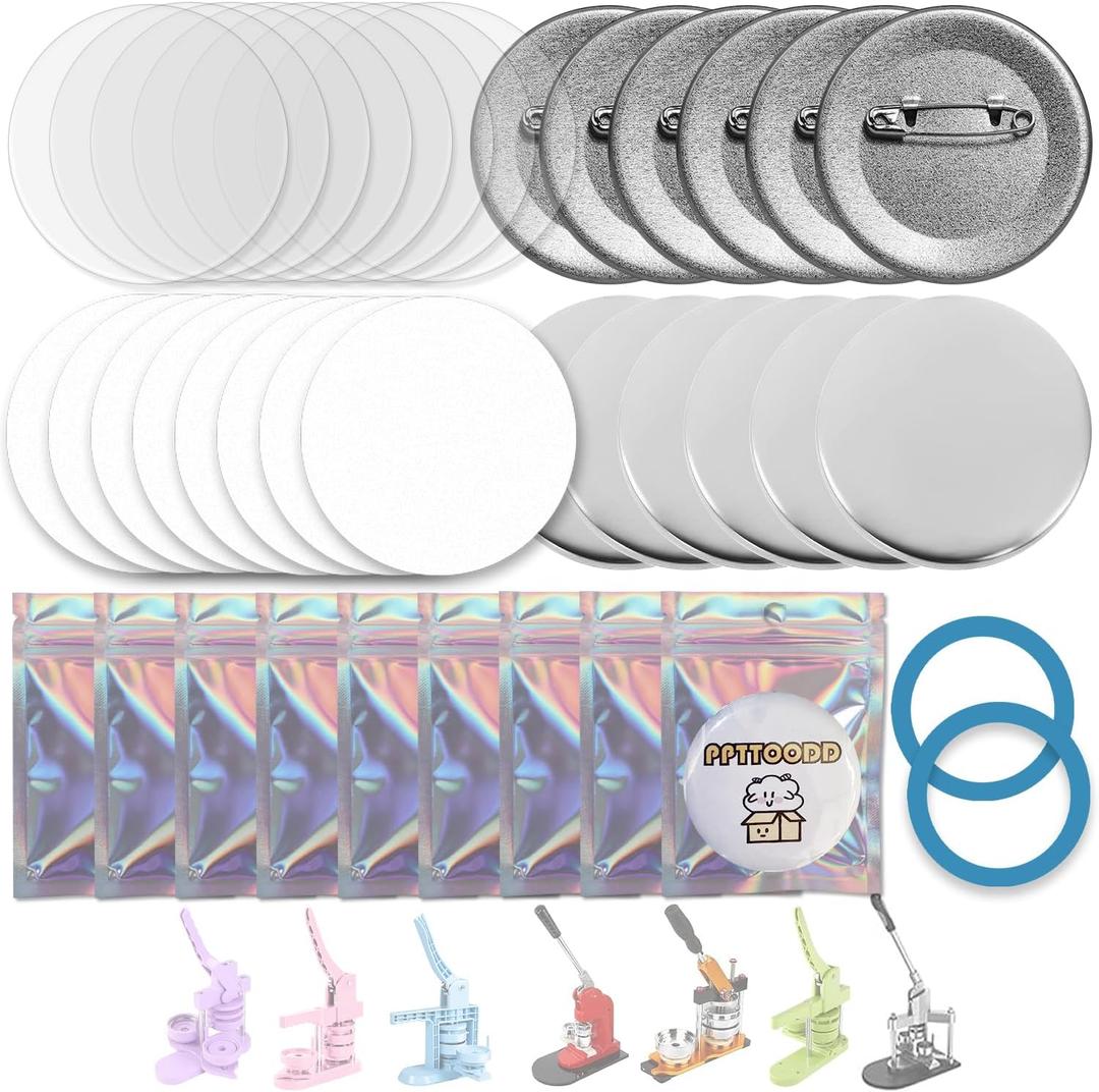 200 Sets 58mm (2.25 inch) Button Making Supplies for Your Round Button Maker Machine, Including Metal Covers, Metal pin Back Cover, Clear Plastic Film, Blank Paper, Gasket & Holographic Bags