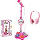 Kids Karaoke Microphone with Adjustable Stand,Standing Mic for Portable Singing, Retractable Headset for Music Sing-along,Flashing Stage Light Base for Aged 3-6 Boys Girls （Pink）