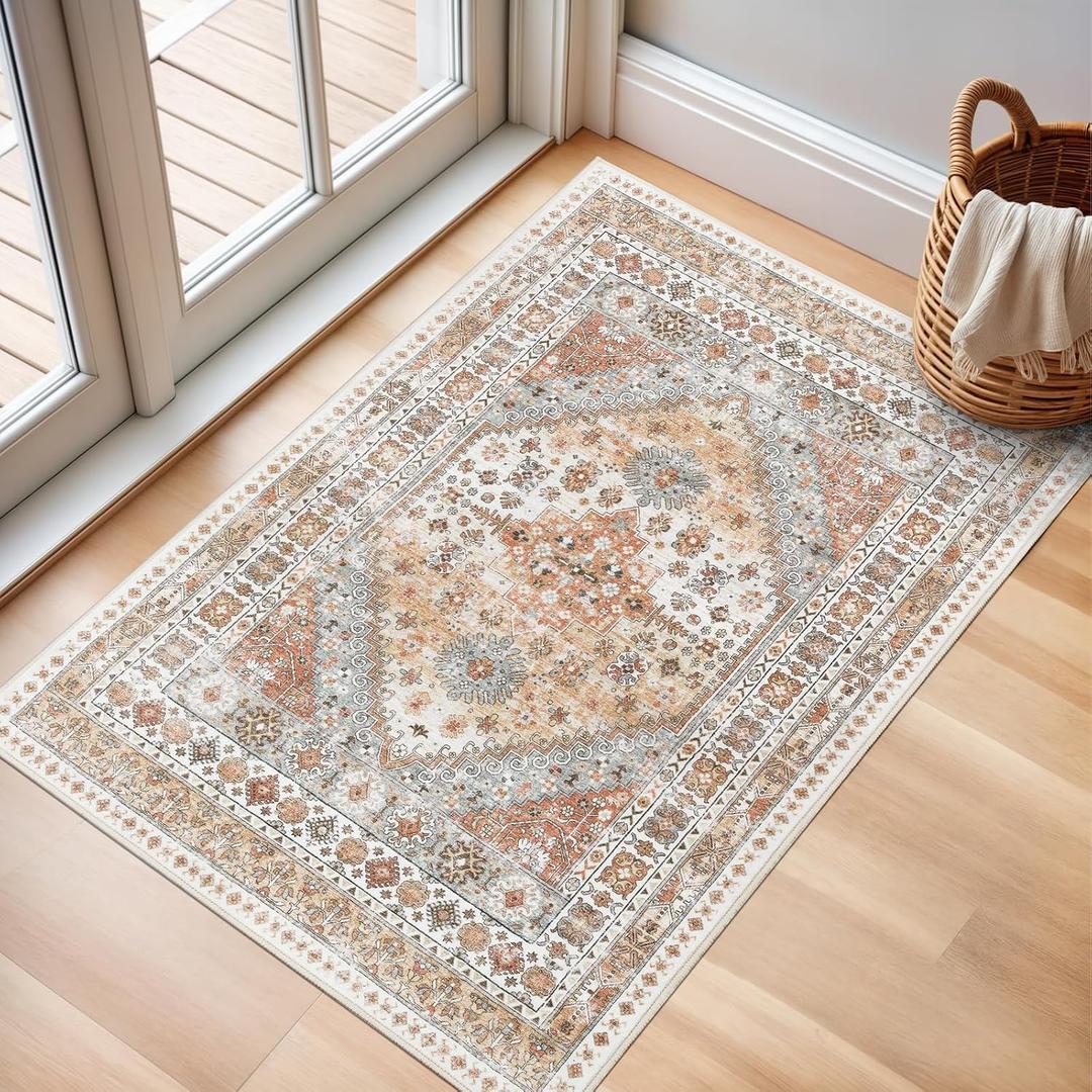 Zesthome 2x3 Entryway Rug, Soft Washable Rugs, Non Slip Area Rug, Stain Resistant Low Pile Rugs for Bedroom, Vintage Rug for Door Mat, Kitchen (Orange,2'x3')