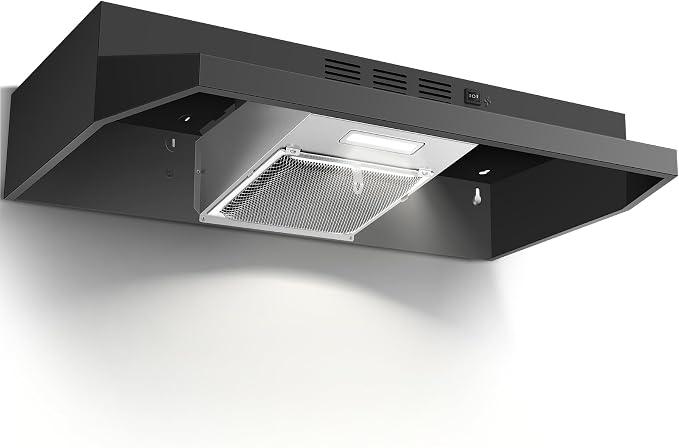 24 inch Range Hood Under Cabinet, Black Kitchen Hood 280CFM
Ducted/Ductless Vent Hood with Rocker Button Control, Stove Hood with 2 Speeds Fan, Bright LED Light