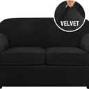 H.VERSAILTEX Real Velvet Plush 3 Piece Stretch Sofa Covers Couch Covers for 2 Cushion Couch Loveseat Covers Width Up to 72 Inch Feature Thick Soft Stay in Place (Medium Sofa, Black)
