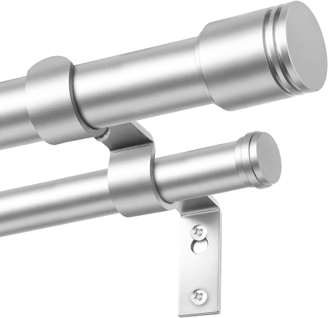USFOOK 1 Inch Silver Double Curtain Rods 72-144 Inches (6 to 12 Ft), Telescoping Dual Curtain Rods with Classic Cap Finial, Long Double Drapery Rod for Sliding Glass Door, Wall Mounted