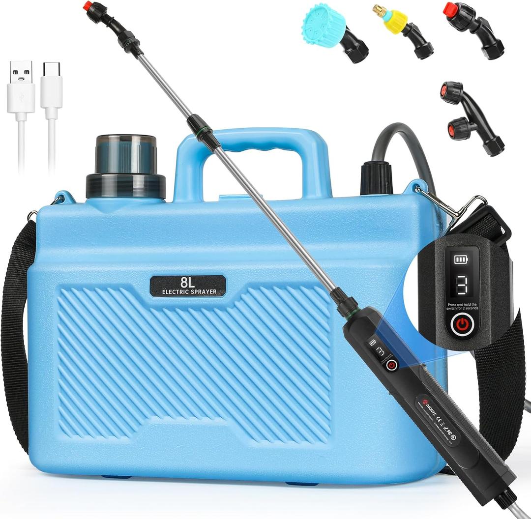Battery Powered Sprayer 2 Gallon, 7.4V Powerful Electric Garden Sprayer, Rechargeable Weed Yard Lawn Sprayers with 4 Mist Nozzles, Retractable Wand, Adjustable Shoulder Strap