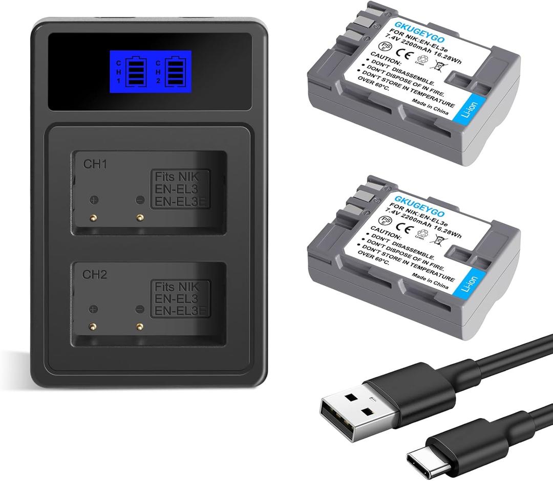 EN-EL3E Battery and Charger, 2-Pack Replacement Battery Compatible with Nikon D50, D70, D70s, D80, D90, D100, D200, D300, D300S, D700 Digital SLR Cameras