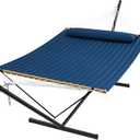 SUPERJARE Hammock with Stand, 2 Person Quilted Outdoor Hammock, Detachable Pillow & Bamboo Spreaders, Portable Hammock with Carrying Bag, Heavy Duty Stand, Perfect for Outside, Patio, Navy Blue, 55.1"W × 74.8''D × 43.3''H