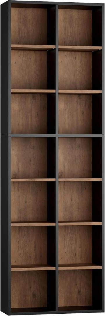 FOTOSOK 71'' Tall Bookshelf with 14 Cubes, 7 Tier Double Wide Wood Bookshelf with 6 Adjustable Shelves, 19.6" Narrow Bookcase DVD/CD Media Storage, Space Saving Display Shelf Cabinet, Black/Brown, 19.6" W x 9.26" D x 70.9" H