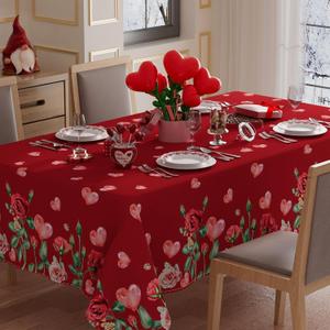 XCHI Love Hearts Roses Flowers Valentine's Day Tablecloth Square Table Cloth Washable Table Covers for Indoor Dining Home Party Decorations 60x60 Inch