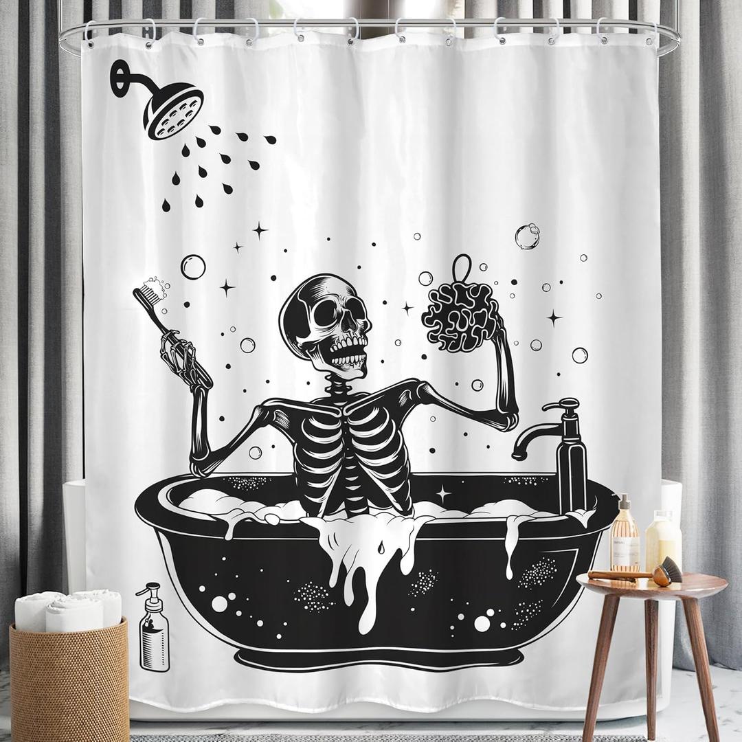 LGhtyro Funny Skull Shower Curtain Bathroom Set 71Wx71H Inches Black White Gothic Skeleton Bone Bathing in Bathtub Bubbles Spooky Cool Bath Accessories for Men Boys Art Home Decor Fabric 12 Pack Hooks