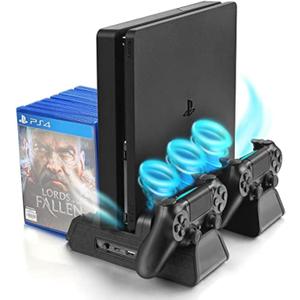 Vertical Stand for PS4/PS4 Slim/PS4 Pro - Cooling Fan with PS4 Charger Controller Charging Station with Game Storage (Black)